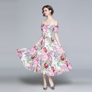 夏のファッションデザイナーフラワープリントプリーツドレス半袖スラッシュカラースリムハイウエストビンテージカジュアル210531