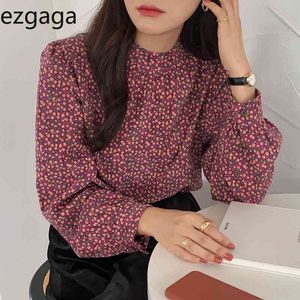 Ezgaga花柄プリントスイートシャツ女性シックな秋のスタンド襟緩い長袖コーデュロイトップスオフィスレディファッション210430
