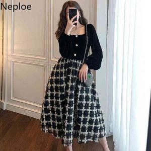 Neploe Women Party Dress Retro Elegant Plaid Dresses High Waist Black Patchwork Long Robe Korean Square Collar Velvet Vestidos 210422