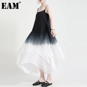 [EAM]女性ブラックネクタイ染料ビッグサイズエレガントなドレスラウンドネックノースリーブルーズフィットファッション春夏1dd8146 210512