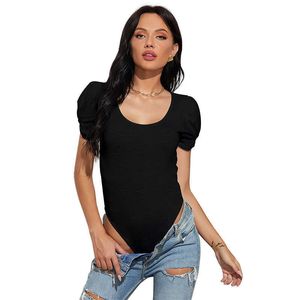Bodysuit Women Sexy Casual Short Puff Sleeve O-neck Solid Color Bottoming Shirt Suit Office Lady Bodysuits 210608