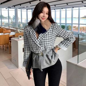 Fall Winter Korean Vintage Long Sleeve Women Plaid Coat Double Breasted Female Hit Color Tweed Jackets 210529