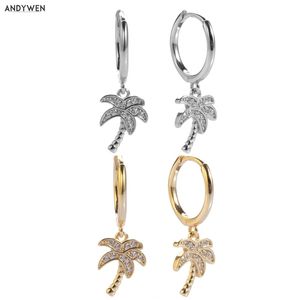 Andywen 925 Sterling Silver Drop Earring Kvinnor Smycken Guldpläterad Palm Tree Clip Circle Round Örhängen Boule Doreille Femme 210608