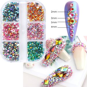 6 Grid Box Glitter 3D Rhinestones AB Flat Back Shiny Stones Nail Art Decorations Mixed Size Nails Gems Crystal Strass Accessoires