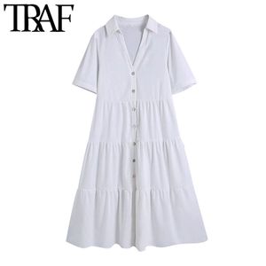 Женщины шикарный мода с панелями белое платье MIDI старинные с коротким рукавом кнопки женские платья Vestidos Mujer 210507