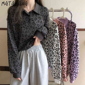Matakawa Leopard Print Sweatshirt Kvinnor Lös Koreansk stil Lapel Hoodies Spring Hem Drawstring Short Hoodie Top 210513