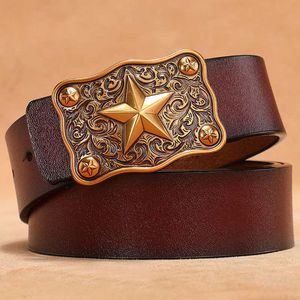 Belts Vintage Plus Size 130 140 150cm Real Genuine Leather for Men Cowskin Golden Silver Star Buckle Belt Famous Brand Design