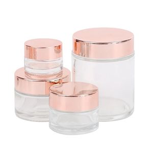 Vasetti di vetro smerigliato Bottiglie di crema per il viso Contenitori cosmetici trasparenti ricaricabili con tappo in oro rosa 5g 10g 15g 20g 25g 30g 50g 100g Lozione Balsamo per le labbra Bottiglia di imballaggio