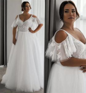 Великолепные свадебные платья больших размеров Свадебное платье с кружевной аппликацией и скользящим шлейфом с V-образным вырезом и короткими рукавами с открытыми плечами Тюль с бисером Пляжный сад vestido de novia