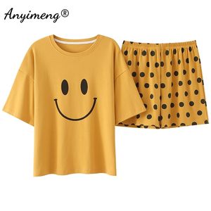 女性のパジャマの100％綿の高品質寝室黄色い笑顔の印刷シックなレジャーホーム服夏のショートパンツPJ 210809
