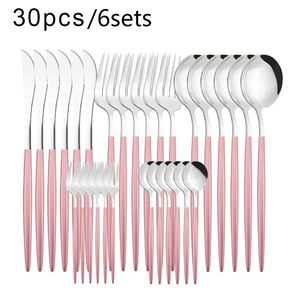 Pink Silver Dinnerware Set Fork Spoon Knife Cutlery Set 30 Pieces Stainless Steel Cutlery Complete Tableware Sets Kitchen 211112