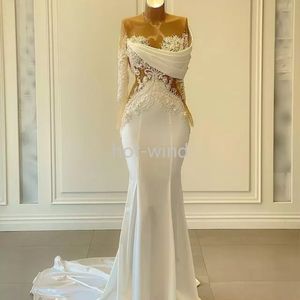 Illusion Long Sleeve Mermaid Prom Pageant Dresses 2022 Sheer Neck Beaded Lace Stain Fishtail African Evening Gowns 2022