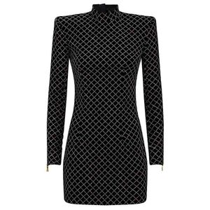 HIGH STREET est Designer Dress Women's Long Sleeve Plaid Glitter Sequined Sheath Velvet Mini 210521