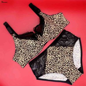 Beauwear Super Plus Size Women Leopard Reggiseno Slip Set d E f G Cup Set di biancheria intima di pizzo femminile Full Coverage Soft Thin Lingerie set X0526