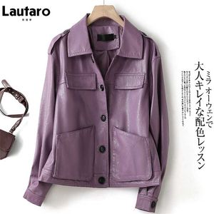 Lautaro Autumn Purple Faux Leather Jackets for Women Drop Shoulder Long Sleeve Pockets Buttons Black Casual Korean Fashion 211007