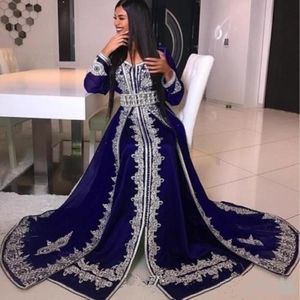 Luksusowy Blue Maroko Kaftan Formalne Suknie Wieczorowe Z Silver Lace Aplikacja Długie Rękawy A Line Party Party Suknie Perły Koraliki Saudyjska Dubai Sukienka Celebrity