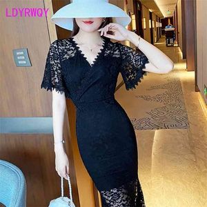 Ldyrwqy Black Lace Dress Lato Talia Celebrity Temperament Pakiet Hip Fishtail 210416