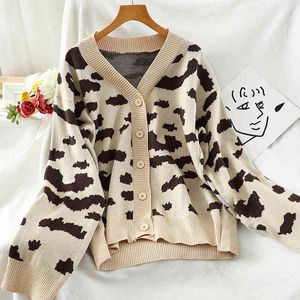 Höst Vinter Koreansk stil V-Neck Leopard Print Cardigan Coat Casual Lount Stickad Sweater 210423