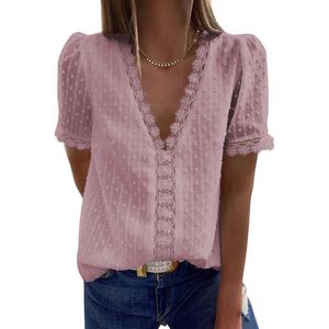 Korean Fashion Lace Patchwork Women Blouse Casual Deep V Neck Embroidery Short Sleeve Hollow Out Loose Pullover White Shirts 210526