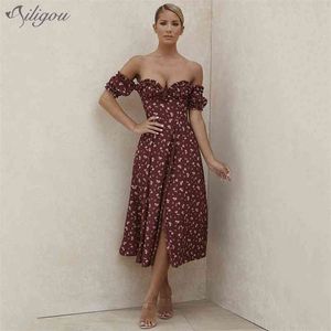 Fall Women's Fashion Print Dress Vestidos Sexig Strapless Kortärmad Runway Celebrity Club Party Long 210527