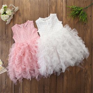 ins kids girls ball gown sleeveless summer toddler ruffles vestido princess party costume lace fabric 210529