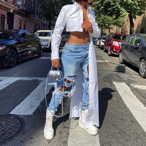 Frauen Streetwear T-Shirts Revers Button Up Langarm Sommer Harajuku X-Long Cardigans Junges Mädchen Y2k Hiphop T-Shirt Asymmetrisch 210709