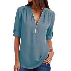 Mulheres Verão Chiffon Blusas Elegante V Neck Roll Up Longa Manga Zíper Túnica Tops Casuais Solto Camisas Azul Feminino 5XL Plus Size 210719