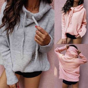 Kvinna Casual Solid Hooded Sweater Kvinna Långärmad Koreansk Chic Soft Jumpers Pocket Ladies Pull Femme Top för kvinnor 210507