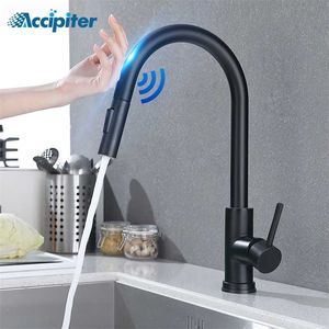Pull Out Black Sensor Kitchen Faucets Stainless Steel Smart Induction Mixed Tap Touch Control Sink Tap Torneira De Cozinha 211108