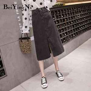 Beiyingni Plus Size Denim Skirt Kvinnor Svart S-5XL Split Vintage Slim Jeans Kjolar Elegant Casual Street Saia Midi Faldas BF 210416