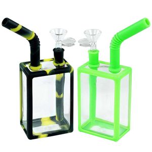 Glass bongs Water pipe silicone smoking pipes bong portable hookah oil rig drink box shape