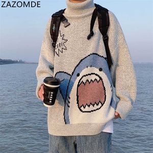 Zazomde homens gola alta tubarão camisola inverno patchwor harajuku estilo coreano alta pescoço oversized cinza gola alta para 220108