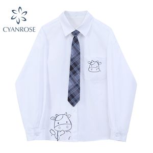 Корова принт белый кардиган блузки с галстуком с длинным рукавом Уличная одежда Негабаритный Опрятный стиль Рубашки Harajuku повседневный парень Rok Top 210417