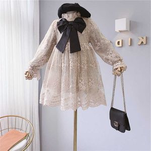 2021 New Girl Baby Sweet Lace Big Bow Princess Dress Girls Kids Spring Autumn Party Födelsedag Klänningar Barn Vestidos Kläder Q0716