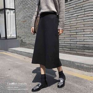 Höst Vinter Korea Fashion Women High Waist Long Kjolar All-matchad Casual Woolen Black Plus Storlek Toppkvalitet S150 210512