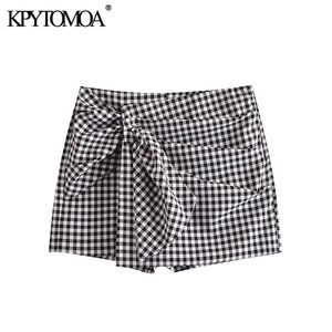 KPYTOMOA Women Chic Fashion With Knot Pleated Plaid Shorts Skirts Vintage High Waist Side Zipper Female Skort Mujer 210719
