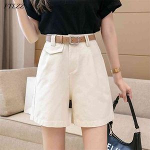 Frühling Sommer Weibliche Breite Bein Einfarbig Lose Beige Midi Shorts Casual Frauen Gerade Damen Schwarz mit Gürtel 210430