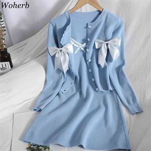 Korean Knitted Suit 2 Parte Set Mulheres Solta Cardigan Sling Mini Slim Dress Femme Roupas Sweet Bow Chic Dois 210519