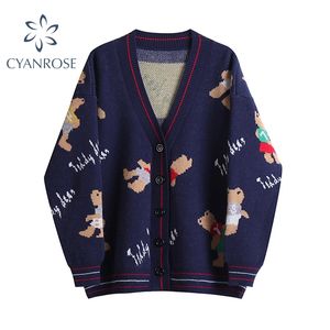 Preppy Style Knit Femme Maglione allentato Autunno Sciolto elegaht Cute Cartoon Stampa scollo a V cardigan lavorato a maglia Giacca donna Cappotto casual 210417