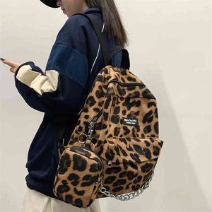 Harajuku Casual Leopard Print Women Backpack Female Velvet Schoolbags for Students Chain Travel Bag College Girls Backpacks 6872 210922