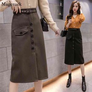 Autumn Korean Wool Vintage Midi Skirt A-Line Button s Womens Winter Black Casual Long Faldas Mujer 12133 210512