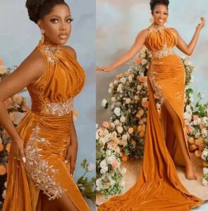 Arabic Aso Ebi Gold Sexy Velvet Prom Dresses Lace Beaded High Split Evening Formal Party Second Reception Gowns BES121