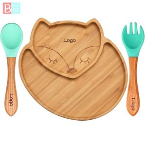 3PCS Baby Feeding Bowl DIY Name Child Dinner Plate Cartoon Bamboo Kids Dinnerware With Silicone Suction Cup 211026