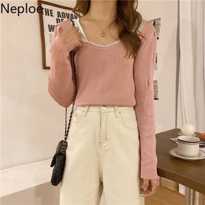 Nuroe Square Collar Czarny sweter dla kobiet Z Długim Rękawem Slim Dzianiny Pulowers Sueter Mujer Pufel Rękaw Poszukiwacza Bluzki 210422