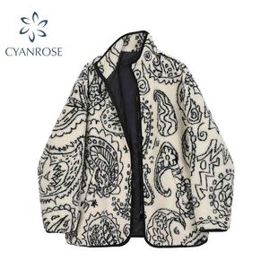 Autumn Winter Warm Vintage Print Sheepskin Coat Jacket Zipper Women Casual Harajuku Oversize Thick Lambswool Jacket Female 210417