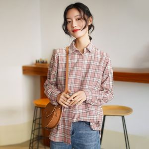 Jouncature Women Plaid Cotton Shirts and Tops 부드러운 캐주얼 스프링 턴 다운 칼라 긴 소매 여성 한국 스타일 블라우스 210521