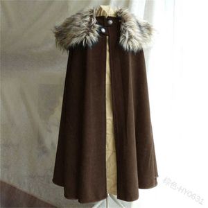 Men's Medieval Costume Cloak Winter Fur Collar Larp Viking Cosplay Cape coat High Quality Gothic Women Halloween Y0913