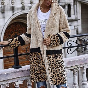 Старинные плюшевые осени зима женские куртки открытый стежка поворотный воротник лоскутный леопард печатает теплые длинные пальто w245 210526