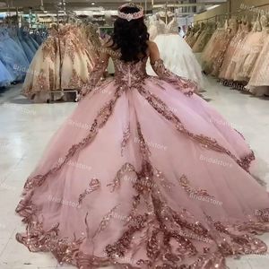 Prenses Payetli Tatlı 16 Quinceanera Elbiseler Tozlu Pembe Balo Glitter Uzun Kollu Balo Elbise Kız 15 Doğum Günü Partisi Etek Mezuniyet vestidos formales