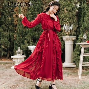 Elegante Runway Herbst Lange Party Kleider Frauen Chiffon Rüschen Rot Volle Laterne Hülse Maxi Kleid Mode Gürtel Kleid 210514